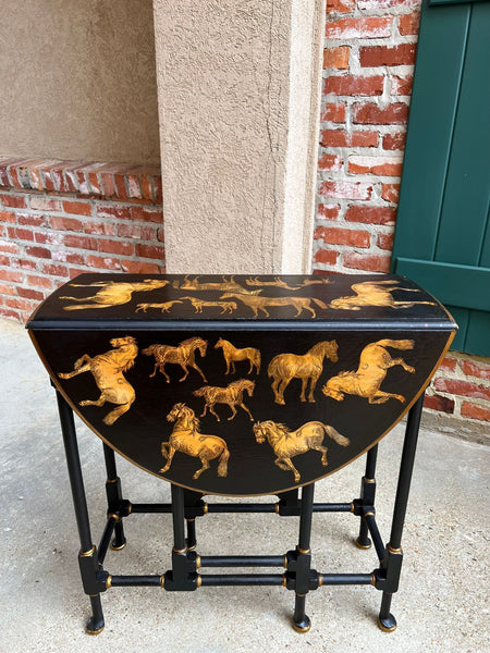 Antique English Drop Leaf Side Table Horse Equestrian Chinoiserie Petite Oak