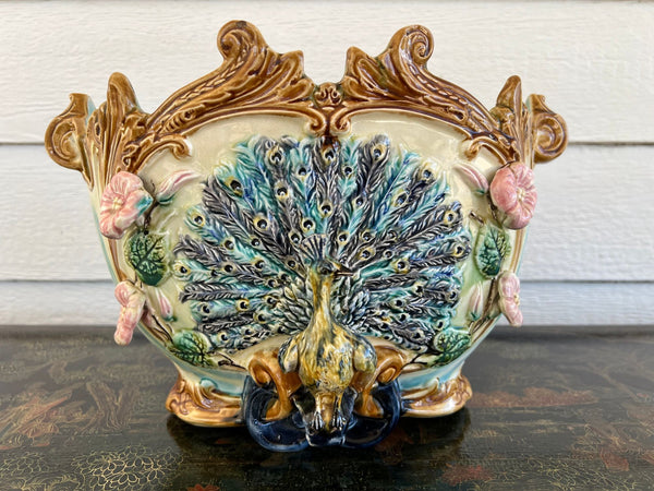 Antique French Majolica Jardinière Planter Peacock Onnaing Large Cache Pot c1880