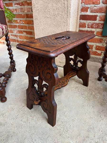 Antique French Bench Stool Gothic Renaissance Carved Oak Trestle Fleur de lis