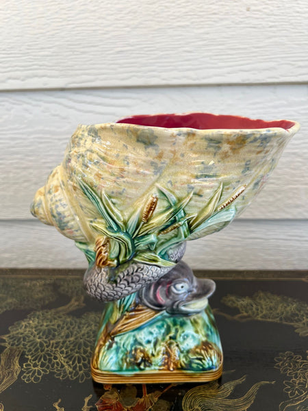 Antique Majolica Vase Bowl Dolphin Nautilus Shell English Royal Worcester c1870