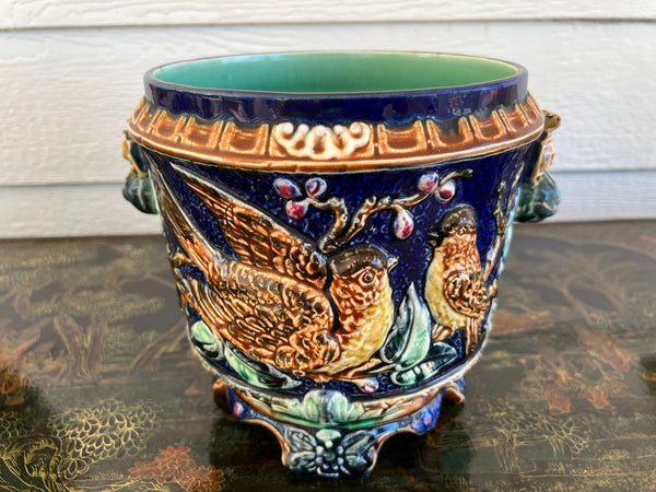 Antique Majolica Bird Planter Cache Pot Jardinière Cobalt Blue Wasmuël c1890