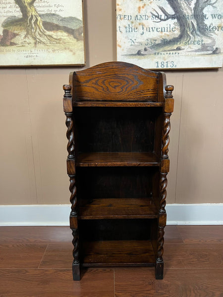 PETITE Antique English Bookcase Bookshelf Barley Twist Tiger Oak Display c1920