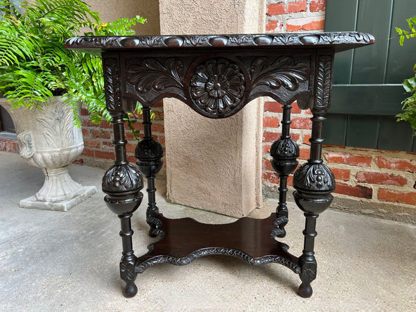 Antique English Side Sofa Table Ebonized Carved Oak Baroque Two Tier Tudor