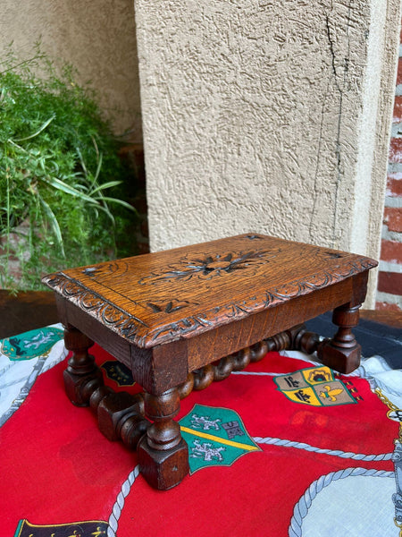 Antique English Kettle Stand Footstool Barley Twist Carved Oak Display Stool