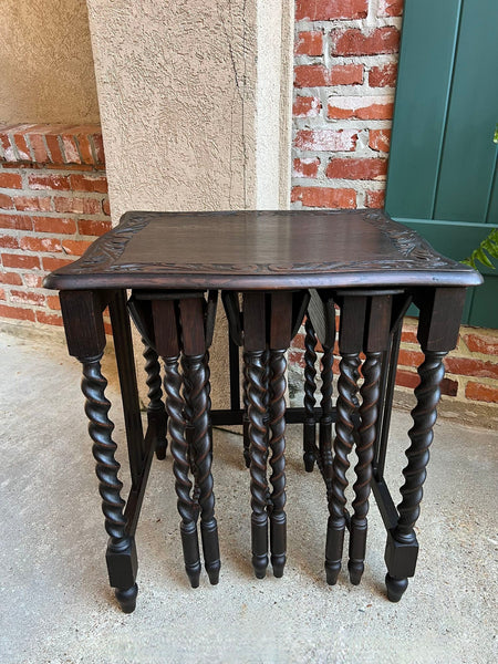 SET 4 Antique French Drop Leaf Nesting TABLE BARLEY TWIST Folding End Carved Oak