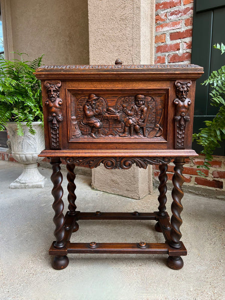 Antique French Renaissance Chest Box on Stand Breton Brittany Oak Barley Twist