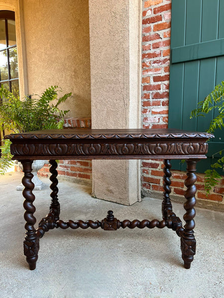 Antique French Sofa Table Writing Desk Barley Twist Carved Oak Renaissance