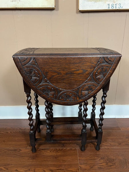 PETITE Antique English Side Sofa Table Barley Twist Drop Leaf Gateleg Carved Oak