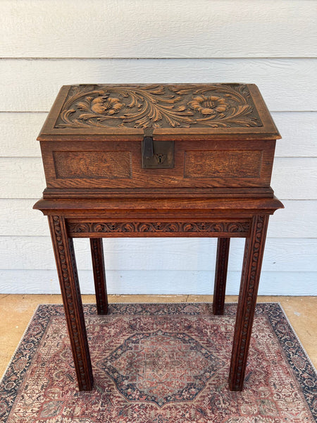 Antique English Slant Top Bible Box Desk Stand Jacobean Carved Oak Lectern c1890