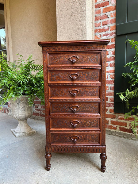 Antique English Victorian Wellington Chest of Drawers Campaign Carved Oak