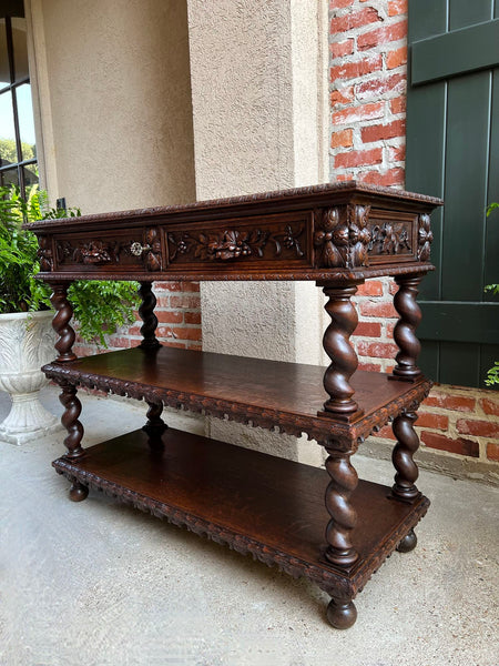 Antique French Carved Oak Server Sideboard Barley Twist Renaissance Bookshelf