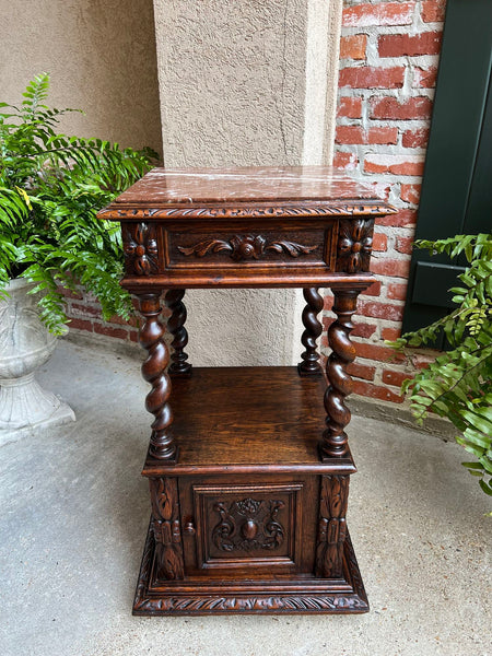 Antique French Side End Table Cabinet BARLEY TWIST Carved Oak Renaissance Marble