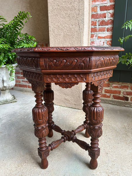 Petite Antique French Octagon Center Side TABLE Renaissance Carved Oak