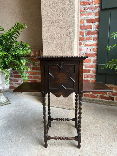 Antique English Square Table Plant Stand Jacobean BARLEY TWIST Cabinet Dark Oak