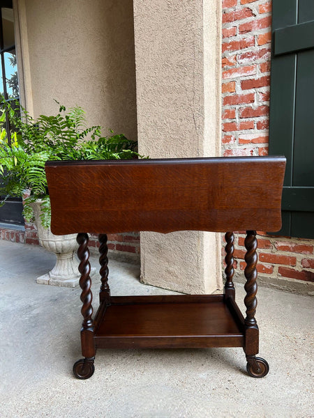 Antique English Tea Trolley Drinks Cart Barley Twist Dumbwaiter Drop Leaf Table