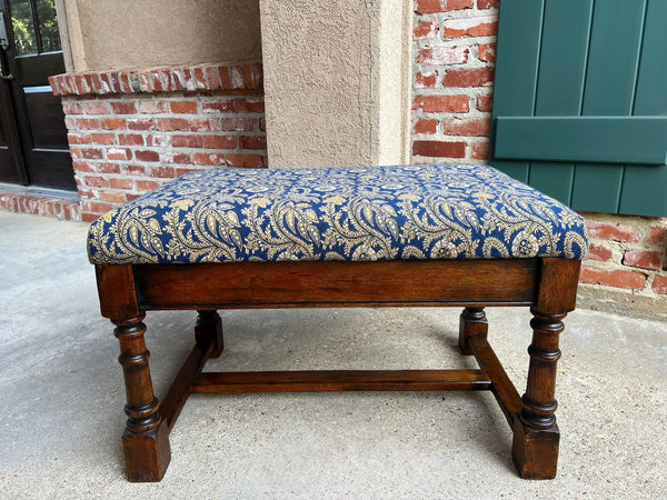 Antique English Oak Bench Upholstered Window Seat Jacobean Revival c1920