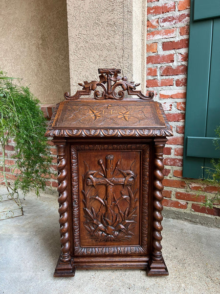 Antique French Altar Lecturn Gothic Bible Box Podium Sacristy Cabinet Carved Oak