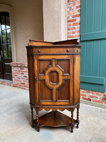 Antique English Tiger Oak Corner Cabinet Barley Twist Jacobean Arts & Crafts