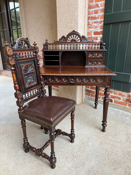 Antique French Carved Oak Writing Desk Secretary AND Chair Breton Brittany SET