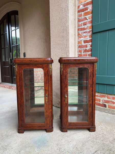 PAIR Antique French Glass Vitrine Display Cabinets Burl Mahogany Mirror c1900