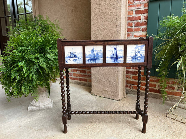 Antique English Planter Blue White DELFT Tile Floral Box Oak Bobbin Legs c1910