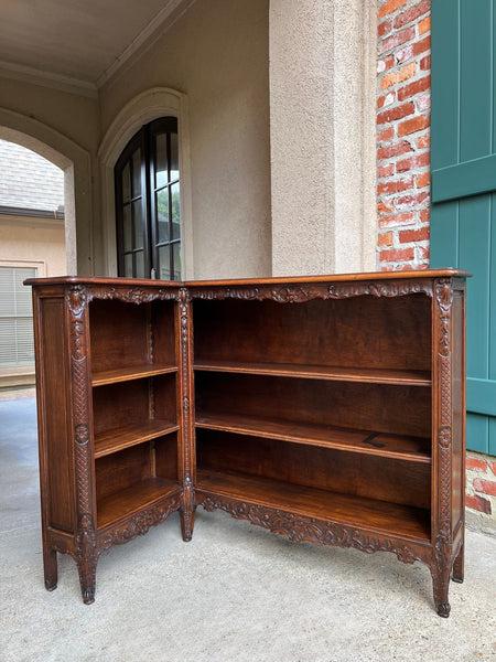 Antique French Corner Bookcase Carved Oak Louis XV Revival Open Shelves c1920