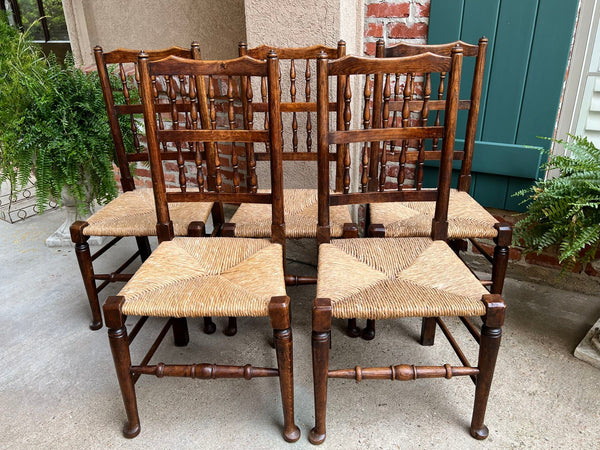 Set 5 Vintage English Oak Dining Side Chairs Rush Seat Lancashire Spindle Back