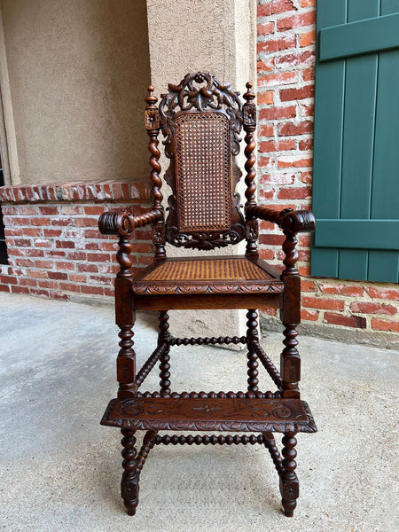 Antique French Child High Chair Renaissance Barley Twist Carved Oak Caned c1890
