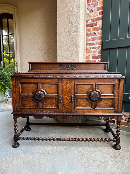 Antique English Sideboard Server Buffet BARLEY TWIST Carved Tiger Oak Jacobean