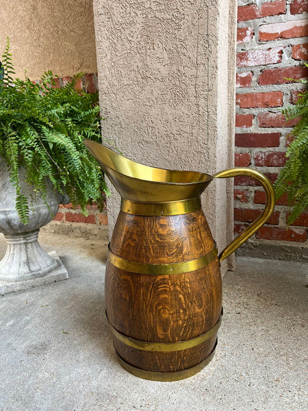 Antique Large French Country Oak Pitcher Brass Band Wine Barrel Umbrella Stand