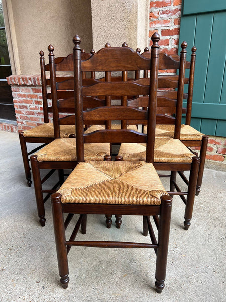 Vintage English Dining Chairs Set 6 Oak Ladder Back Rush Seat Woven