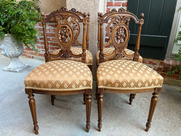 Set 4 Antique French Louis XVI Salon Chairs Petite Dining Parlor Carved Walnut