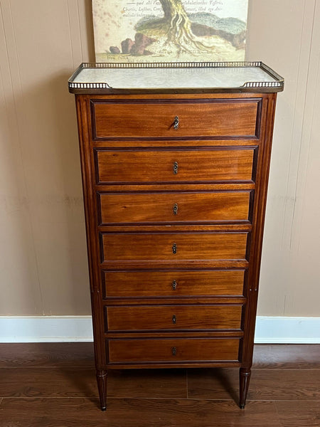 Antique French Chest of Drawers Semainier Louis XVI White Marble Mahogany c1900