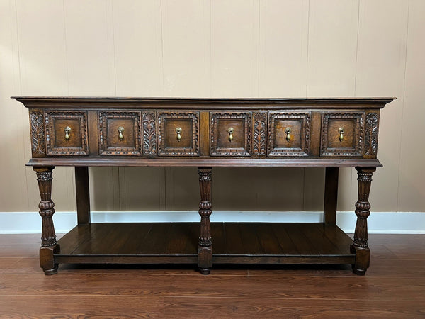 Antique English Dresser Base Sideboard Potboard Jacobean Carved Oak c1890