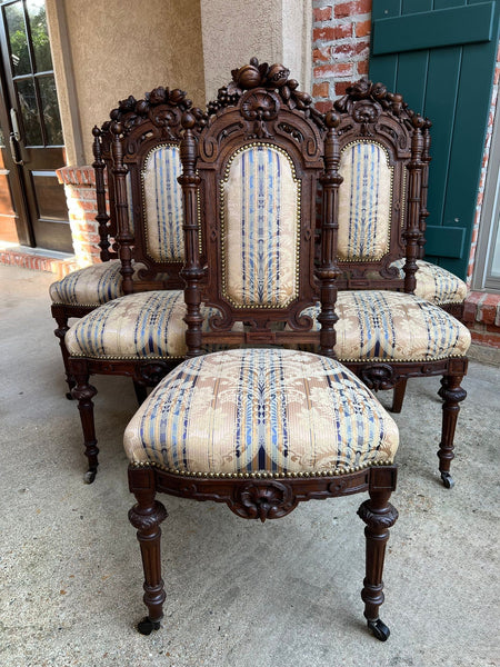 Set 6 Antique French Dining Chairs Renaissance Carved Oak Black Forest c1880