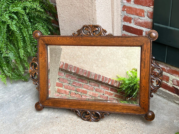 Antique English Beveled Wall Mirror Carved Oak Frame Jacobean Arts & Crafts
