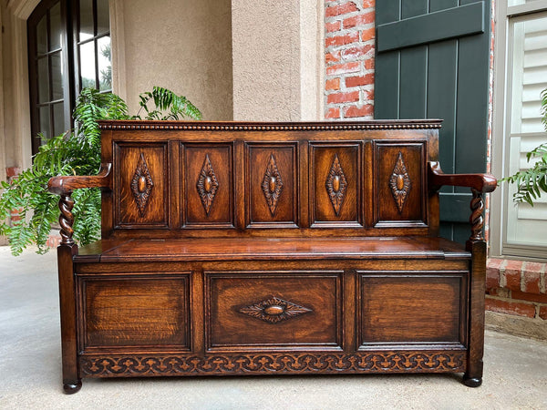 Antique English Hall Bench Carved Oak Barley Twist Jacobean Lift Top Settee