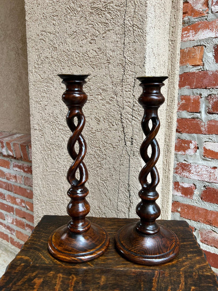 Antique English Oak OPEN Barley Twist Candlesticks Jacobean Pair c1860 12.5”