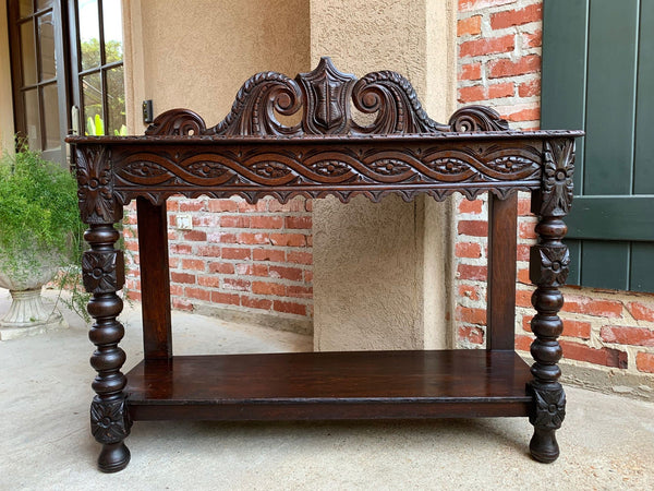 Antique English Carved Oak HALL Foyer TABLE Renaissance Sideboard Shelf Console