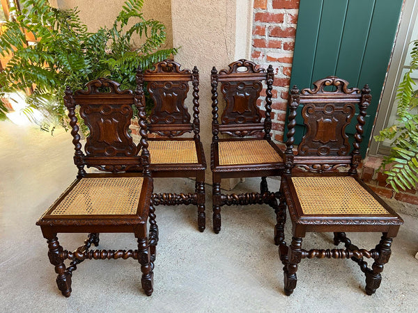 Set 4 Antique French Dining Chairs Barley Twist Cane Seat Carved Oak c1920