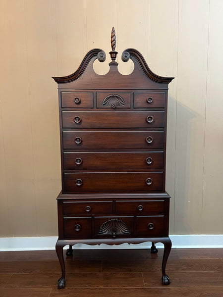 Vintage Chippendale Highboy Chest of Drawers Mahogany Ball and Claw Kindel c1950