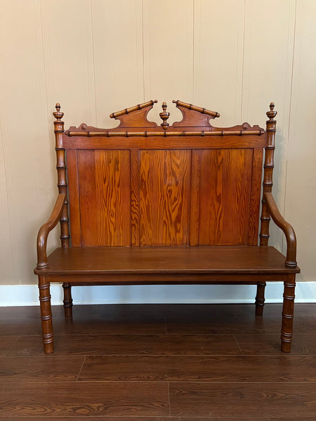 Antique English Faux Bamboo Pine Hall Bench Victorian High Back Settle c1890