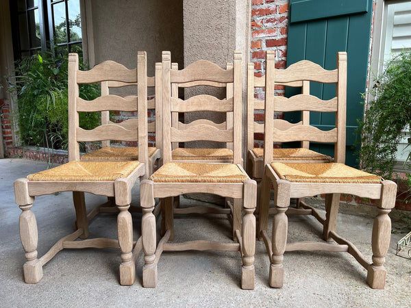 Set 6 Vintage French Ladder Back Dining Chairs Rush Seat Bleached Oak Farmhouse