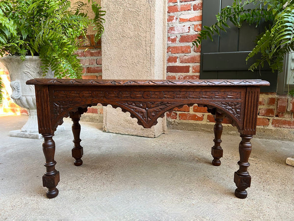 Antique French Bench Stool Gothic Renaissance Coffee Table Carved Oak c1890