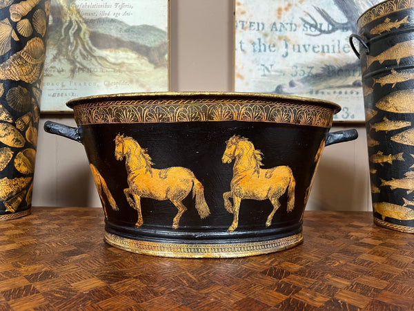 Antique English Planter Jardiniere Horse Equine Black Decoupage Tole Metal c1900