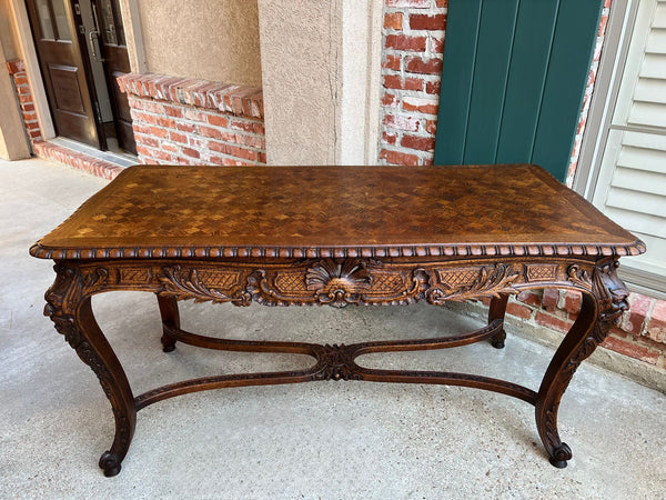 Antique French Center Library Table Louis XV Carved Oak Rococo Parquetry c1890