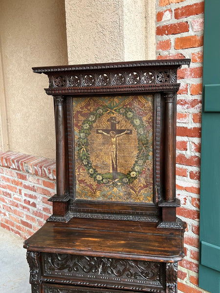 Antique French Gothic Devotional Cabinet Religious Painting Carved Oak Kneeler