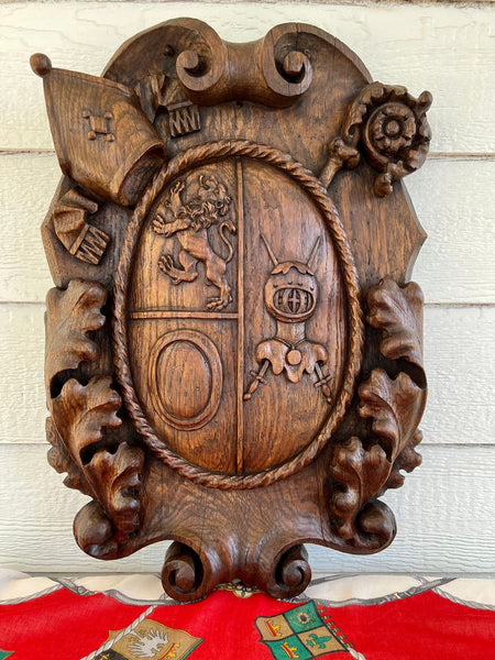 Antique French Gothic Wall Plaque Coat of Arms Carved Oak Renaissance c1890