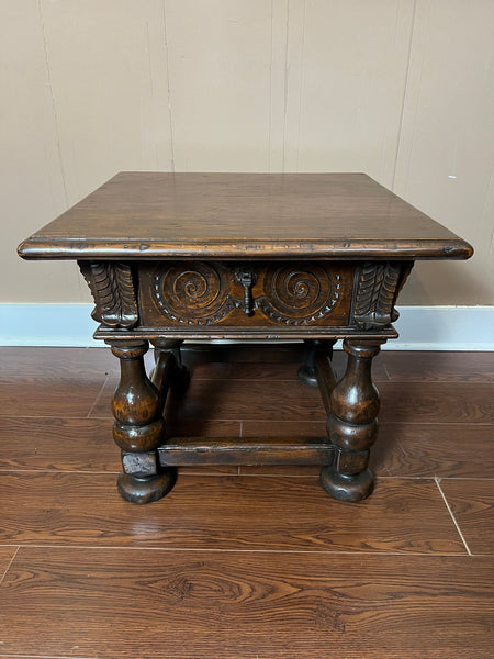 Antique English Side End Table Small Square Carved Oak Jacobean Revival c1910