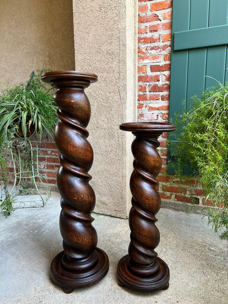 PAIR Set of 2 Antique French Pedestal Stand BARLEY TWIST Oak LARGE Plant Columns